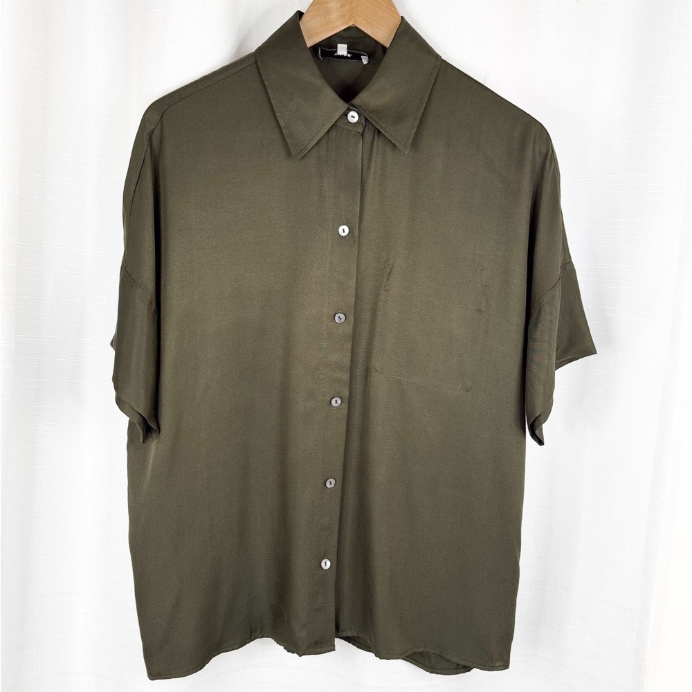 Vince Women's Silk Blend Short Sleeve Button Down Shirt Olive Green M 2021